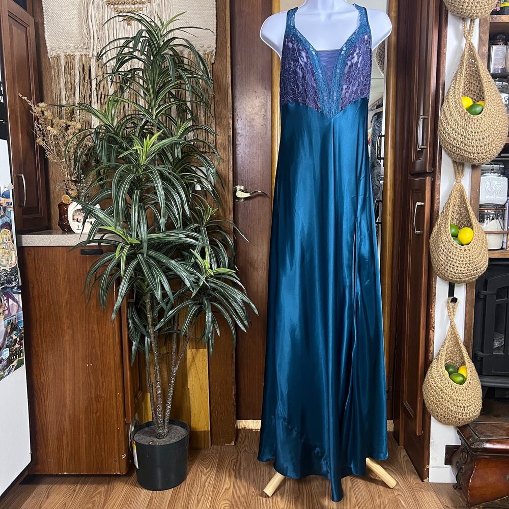 Vintage Victoria Secret Slip Dress Womens L Teal Lace Maxi High Slit Gold Label